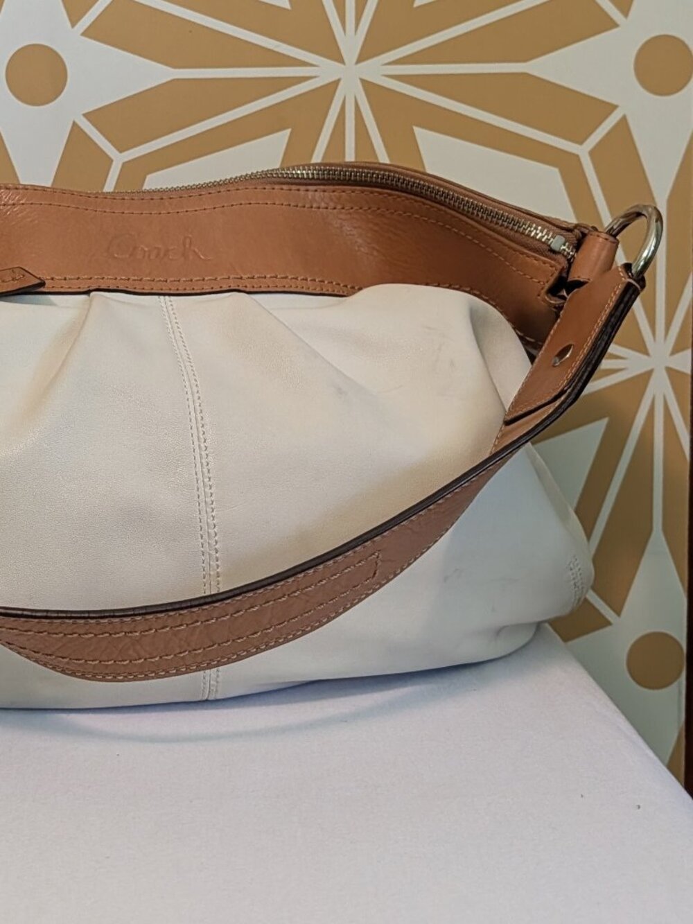 Coach White Soho Leather Shoulder Bag with Camel Trim